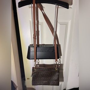 Calvin Klein signature brown logo crossbody with chain details.